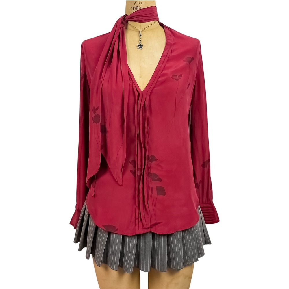 Equipment Femme Red 100% Silk Shirt Romantic Tie Neck Quiet Luxury Minimalist XS